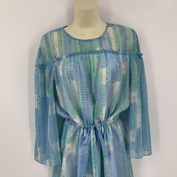 H Halston chiffon shift dress blue green pastel wide sleeves flowy white Small - Picture 2 of 4